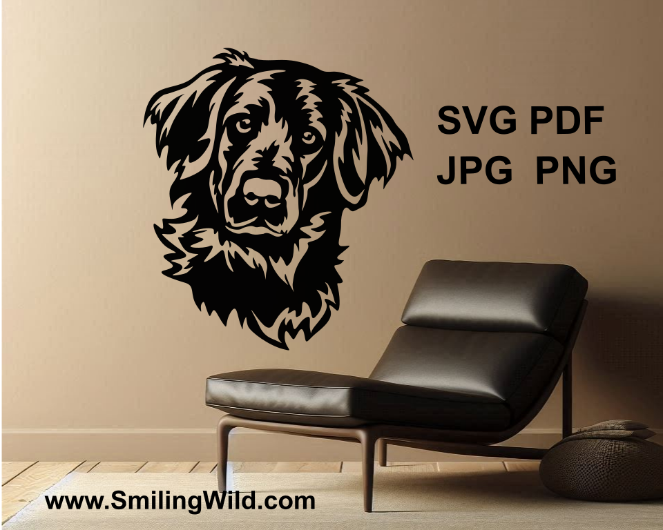 flat coated retriever cuttable face drawing shown as a wall sticker abow a sofa.