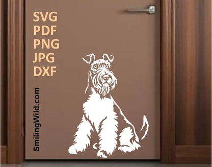 Fox Terrier Dog SVG, PNG, DXF white clipart, wire-haired sitting full body mockup for wall sticker designs, Cricut, laser cutting,  hunting canine crafts