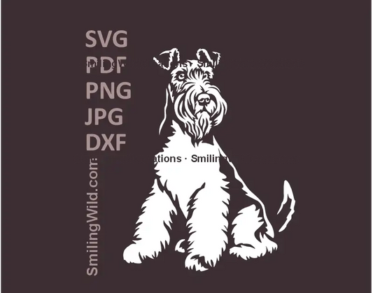 wire-haired sitting Fox Terrier Dog SVG, PNG, DXF white clipart, full body hunting dog preview image for Cricut, laser cutting, pastoral canine crafts