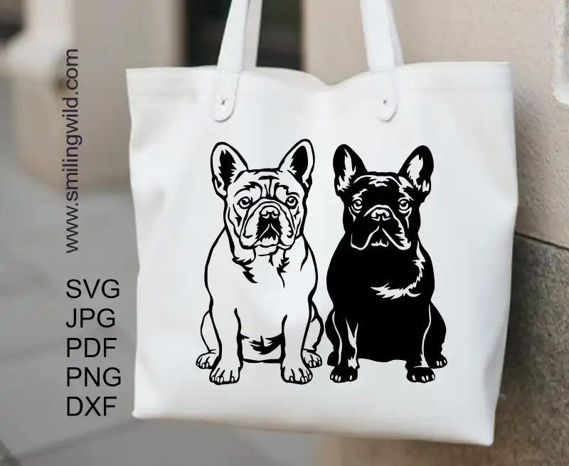 Preview of the PNG and DXF files included with the French Bulldog Pair SVG bundle, showcasing the available file structure