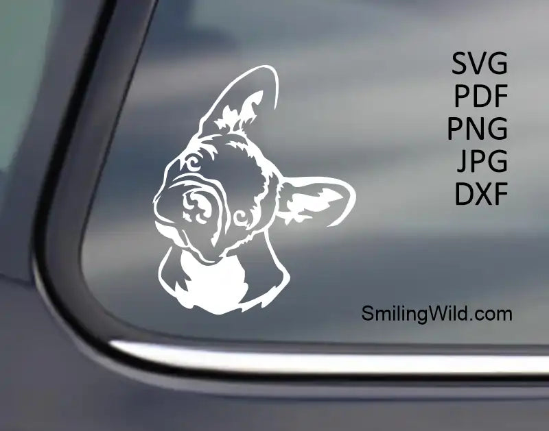 preview image of the French Bulldog Head in White svg Clipart applied to a dark item, demonstrating dogs head graphic of high contrast for laser engraving or vinyl decals.