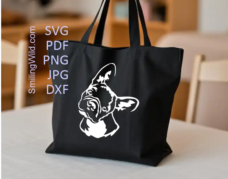 French bulldog preview of the PNG and DXF files included with the SVG shoving dogs Head tilt White Clipart Design, showcasing the toy dog vector format.