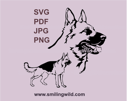 Two German shepherd svg vector graphic variations in the picture - a full body standing dog and a head portrait