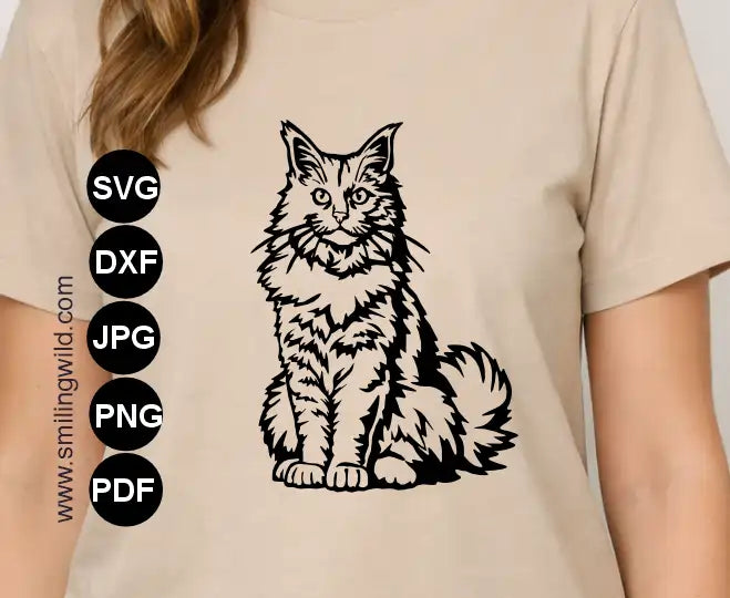 A sitting maine coon cat png clipart file visualized as a t shirt application for cutting and engraving machines