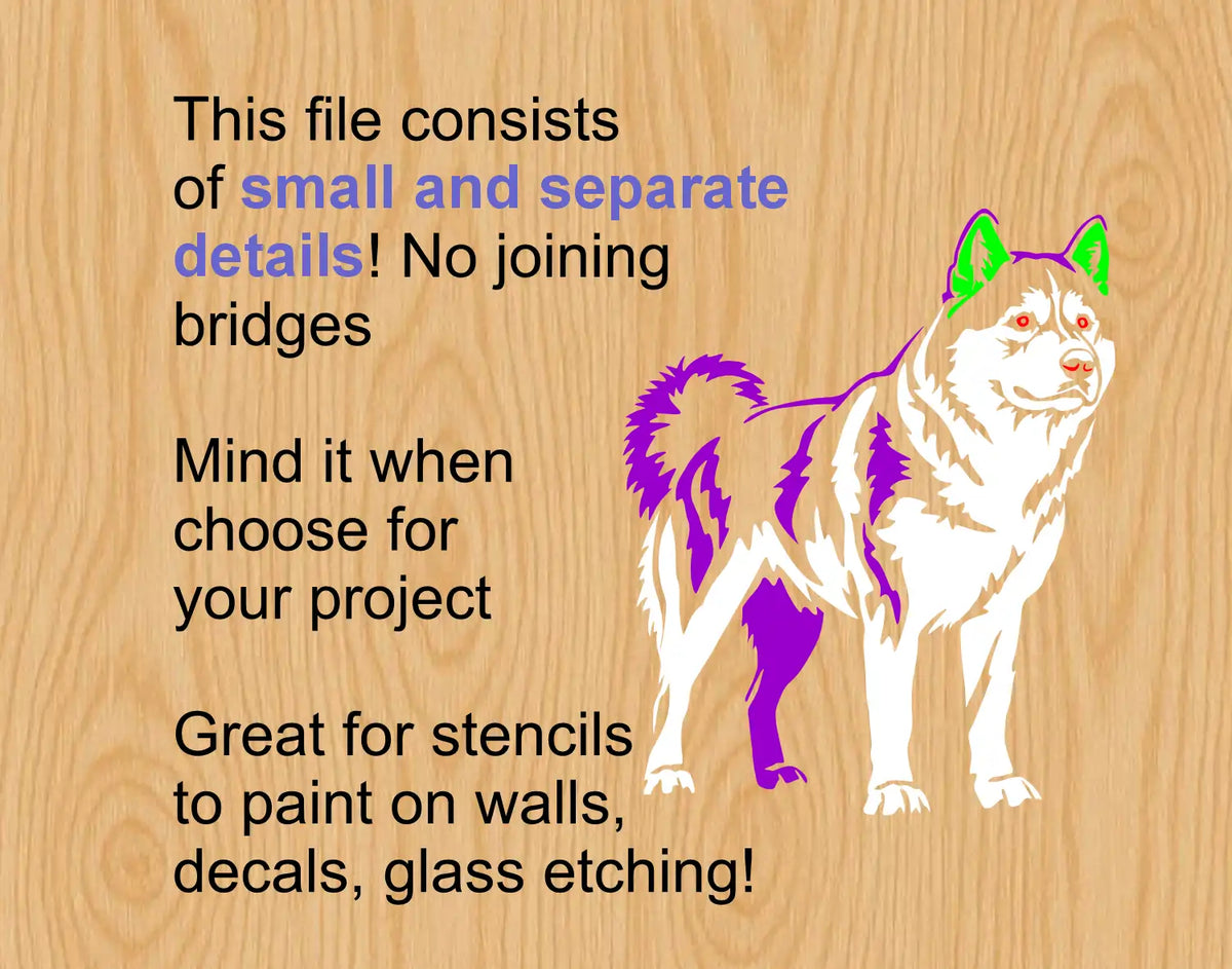 Full-body standing white Husky vector cut file showing separate detail placement for SVG, DXF, and PNG crafting