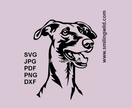 Galgo dog SVG head clipart – smiling black vector for Cricut and laser engraving
