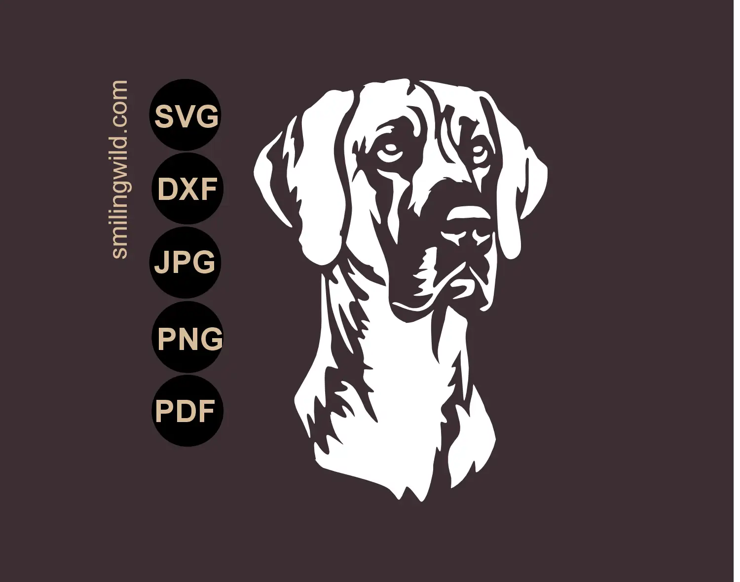 Great dane face svg cut file dog white vector clipart visualization displayed as a high-contrast design on a drak background.