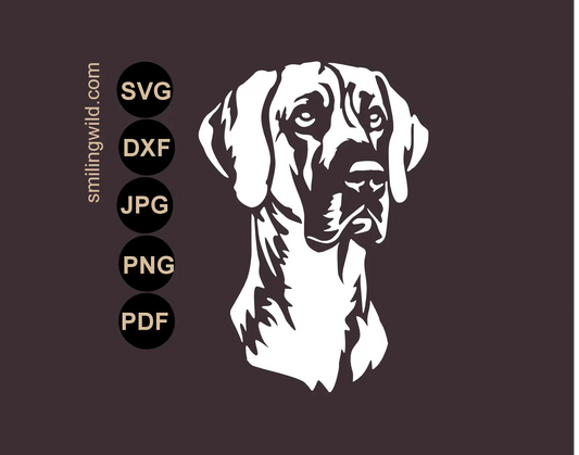 Great dane face svg cut file dog white vector clipart visualization displayed as a high-contrast design on a drak background.