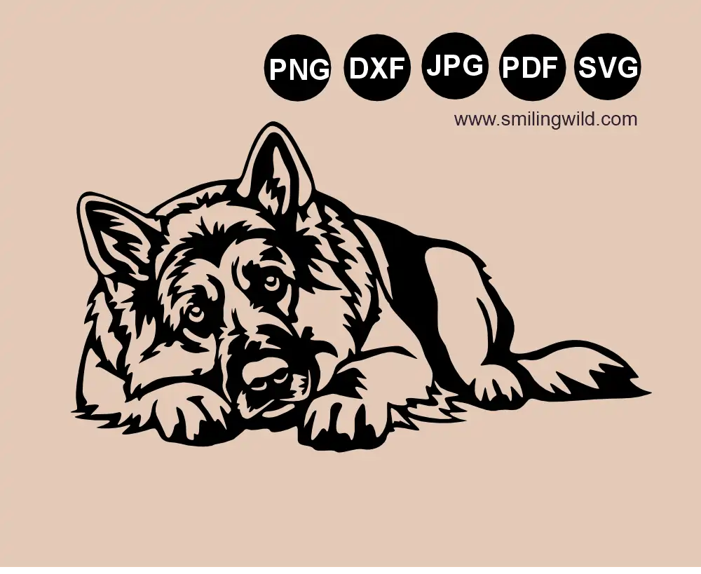 Vector graphic SVG cut file illustration of a frontal lying German shepherd dog peeking to a viewer