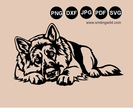 Vector graphic SVG cut file illustration of a frontal lying German shepherd dog peeking to a viewer