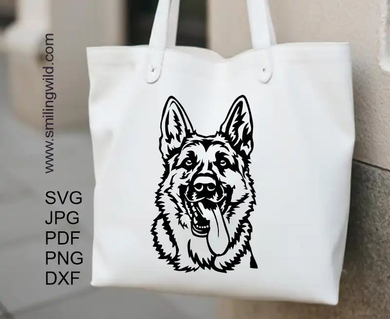 Preview of the svg and DXF files included with the German Shepherd Smiling Dog face Vector Files, showcasing the available file structure.