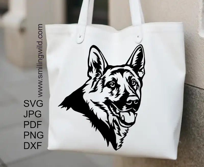 Preview of the PNG and DXF files included with the German Shepherd Head Clipart SVG cutting files, showcasing the file transparency.