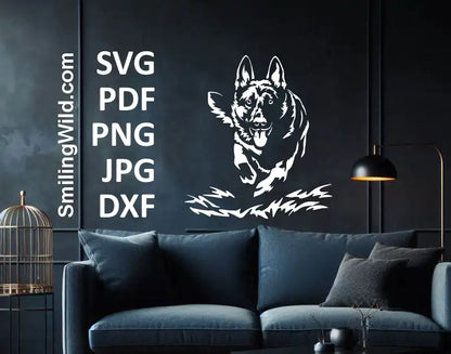 German Shepherd silhouette PNG with transparent background for DIY pet gifts on laser cutting