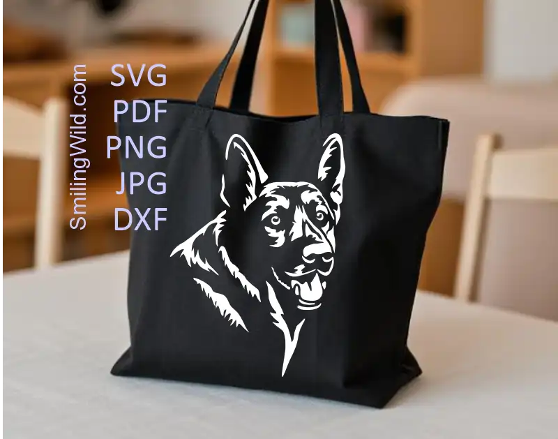 Preview of the svg, PNG and DXF files included with the German Shepherd Head White file set, showing format suitability for cutting.