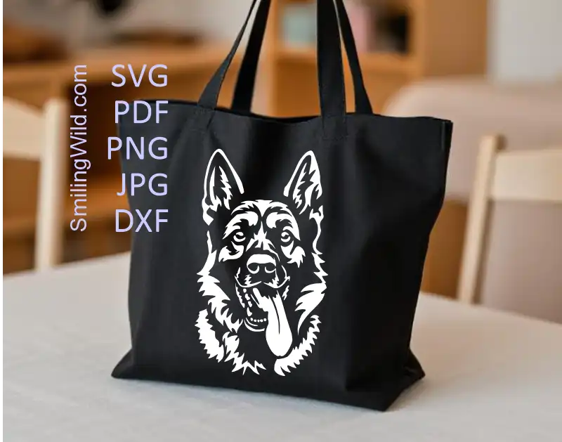 Preview of the vector SVG and DXF files included with the German Shepherd Dog Cutting clipart design, showing format suitability for laser and engraving