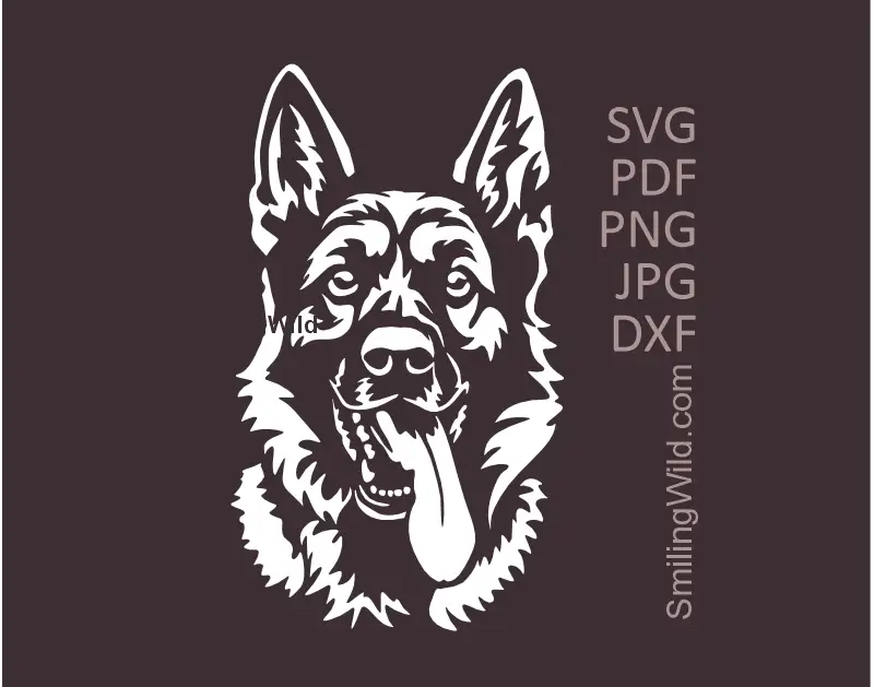 German Shepherd face in SVG PNG DXF Dog Cutting Files with tongue out of the mouth. Frontal white vector graphic for clipart optimized for dark material applications