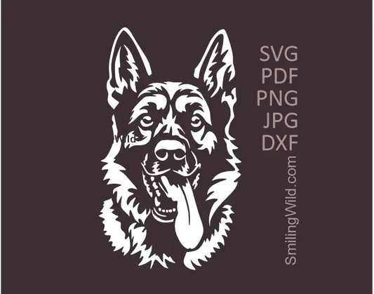 German Shepherd face in SVG PNG DXF Dog Cutting Files with tongue out of the mouth. Frontal white vector graphic for clipart optimized for dark material applications
