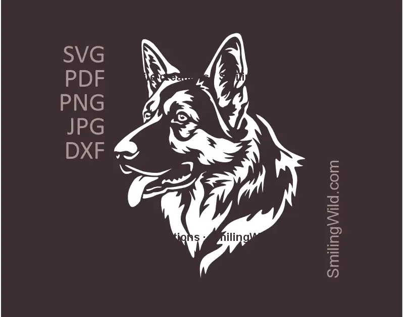 German Shepherd SVg, png, dxf White  head portrait in profile vector file for Cricut and laser engraving