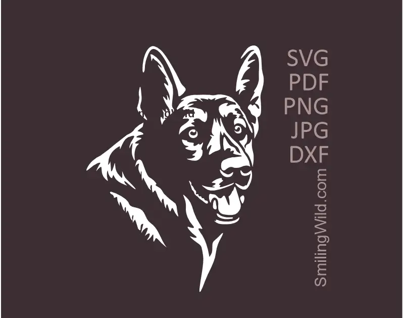 German Shepherd Head SVG, png, dxf Dog White Cricut & Laser cut file. Smiling GSD vector art for clipart use on cutting machines.