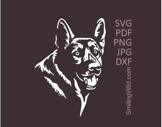 German Shepherd Head SVG, png, dxf Dog White Cricut & Laser cut file. Smiling GSD vector art for clipart use on cutting machines.