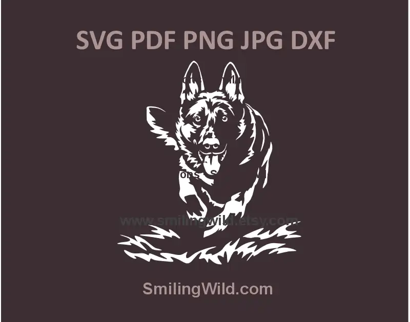 Black and white SVG of a running German Shepherd dog – ideal for Cricut and Glowforge, XTool crafts