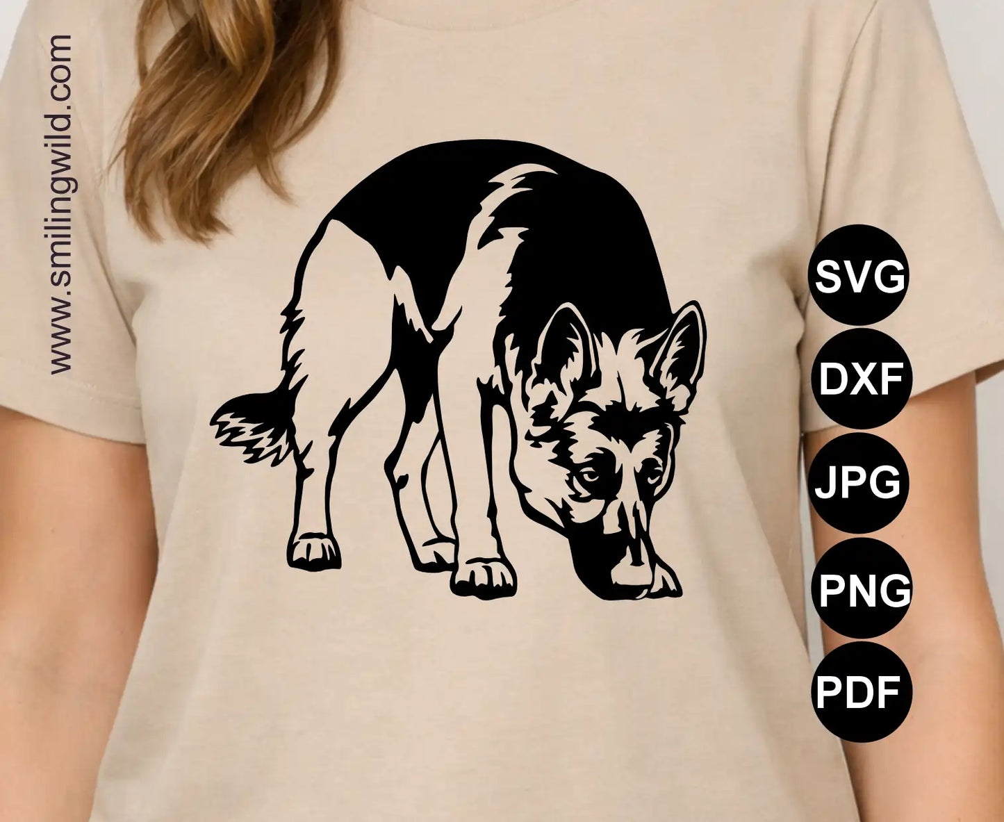 German Shepherd sniffing vector graphic in DXF for high-resolution laser engraving and professional printing design. Shown as a t shirt design