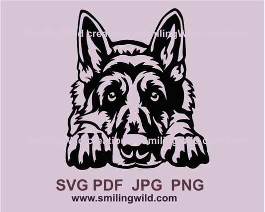 German shepherd with cute eyes lying. Image in graphic style