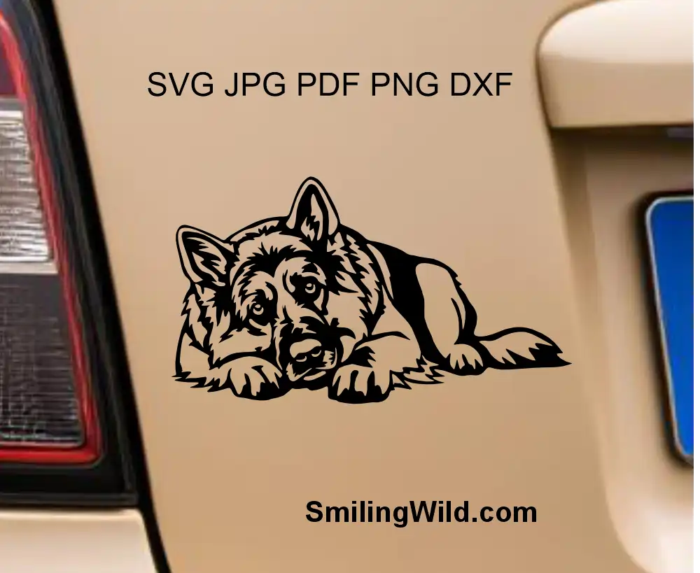 German shepherd svg, png and dxf clipart file visualized as a lying dog car decal
