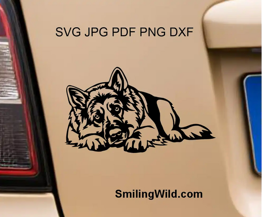 German shepherd svg, png and dxf clipart file visualized as a lying dog car decal