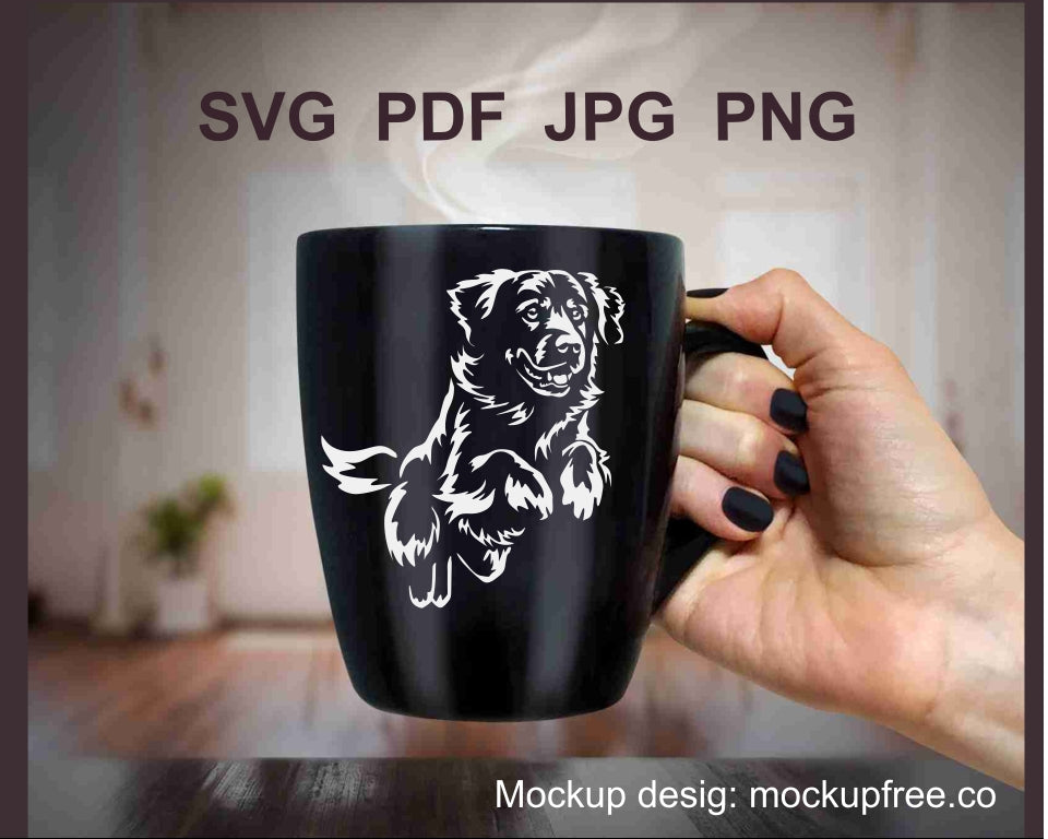 Golden Retriever Dog SVG, PNG white clipart, jumping full body dog on a mockup for black mug design, Cricut, laser cutting, pastoral canine crafts