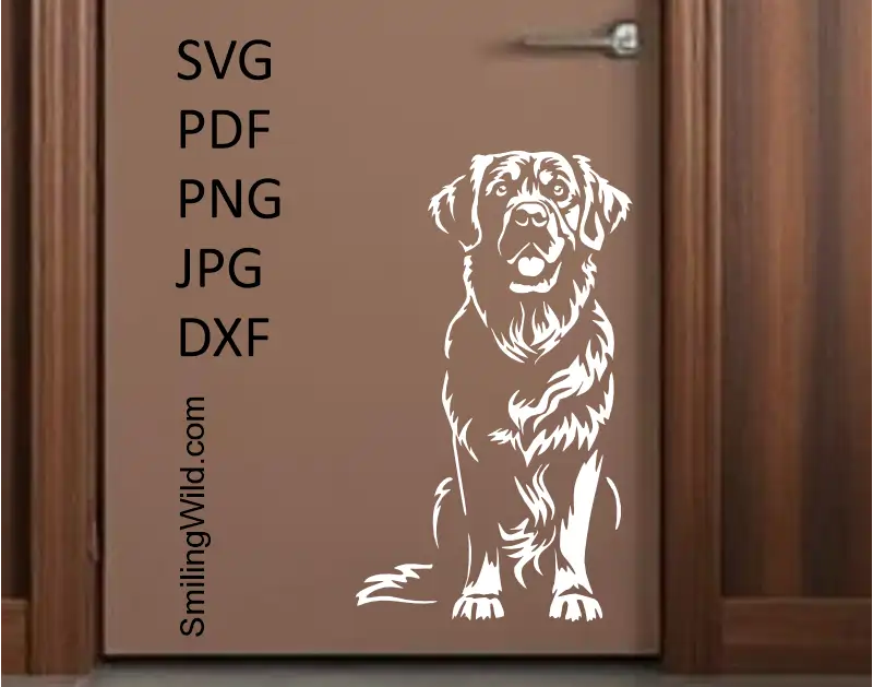 a dark doors with vinyl sticker of a Detailed sitting Golden Retriever white vector clipart – cuttable file for vinyl, signs, and pet-themed crafts