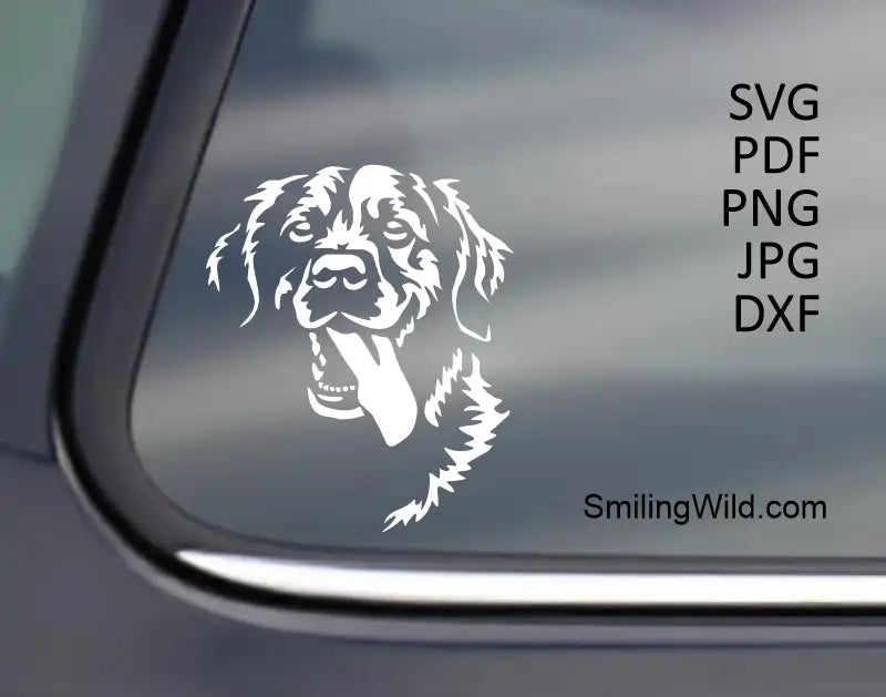 White Golden Retriever Face SVG and DXF vector graphic art used for car decal, emphasizing the high contrast of the white design on a dark background