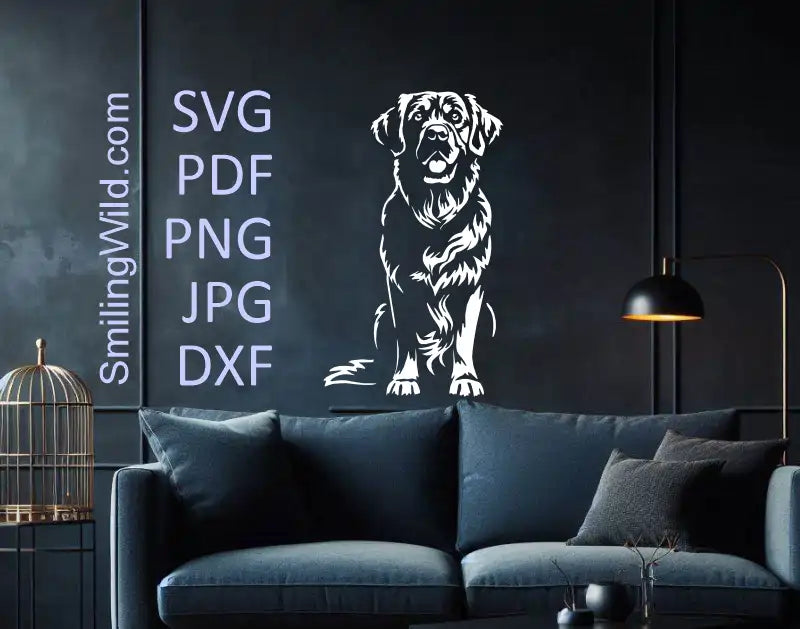 Living room with a black sofa and decorative Golden Retriever SVG white full body clipart – perfect for dog logo design, DIY gifts, and silhouette projects