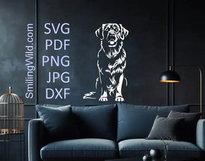 Living room with a black sofa and decorative Golden Retriever SVG white full body clipart – perfect for dog logo design, DIY gifts, and silhouette projects