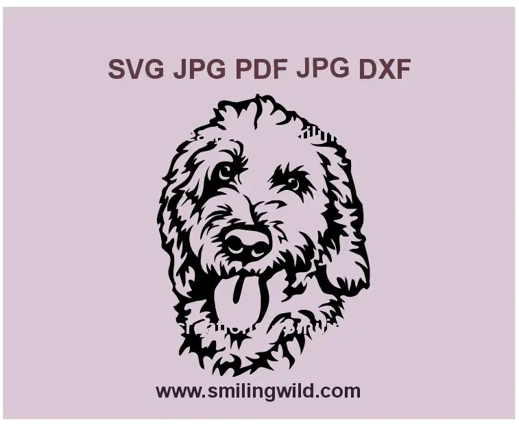 Goldendoodle Dog SVG, PNG, and DXF clipart featuring a black vector portrait for Cricut, laser cutting, and engraving projects
