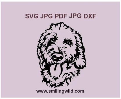 Goldendoodle Dog SVG, PNG, and DXF clipart featuring a black vector portrait for Cricut, laser cutting, and engraving projects