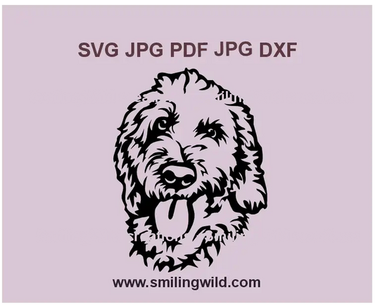 Goldendoodle Dog SVG, PNG, and DXF clipart featuring a black vector portrait for Cricut, laser cutting, and engraving projects