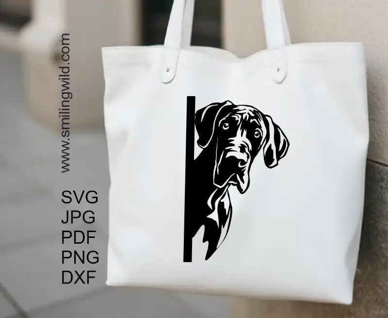 A tote bag design of the Great Dane DXF file – scalable corner peeking dog design for laser engraving and Silhouette crafts