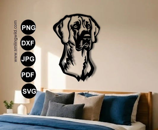 Great dane svg png and dxf face portrait for cnc laser visualization showing a metal wall decor