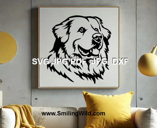 Black line clipart DXF file of Great Pyrenees dog portrait for Glowforge and Silhouette cutting in a preview image of wall art.