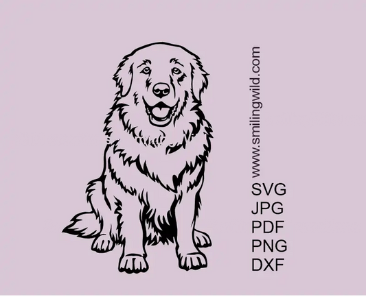 Great Pyrenees Dog SVG vector Art graphic file, showing the iconic breed stance - full body in sitting position. Herding Dog outline optimized for Cricut cutting projects.