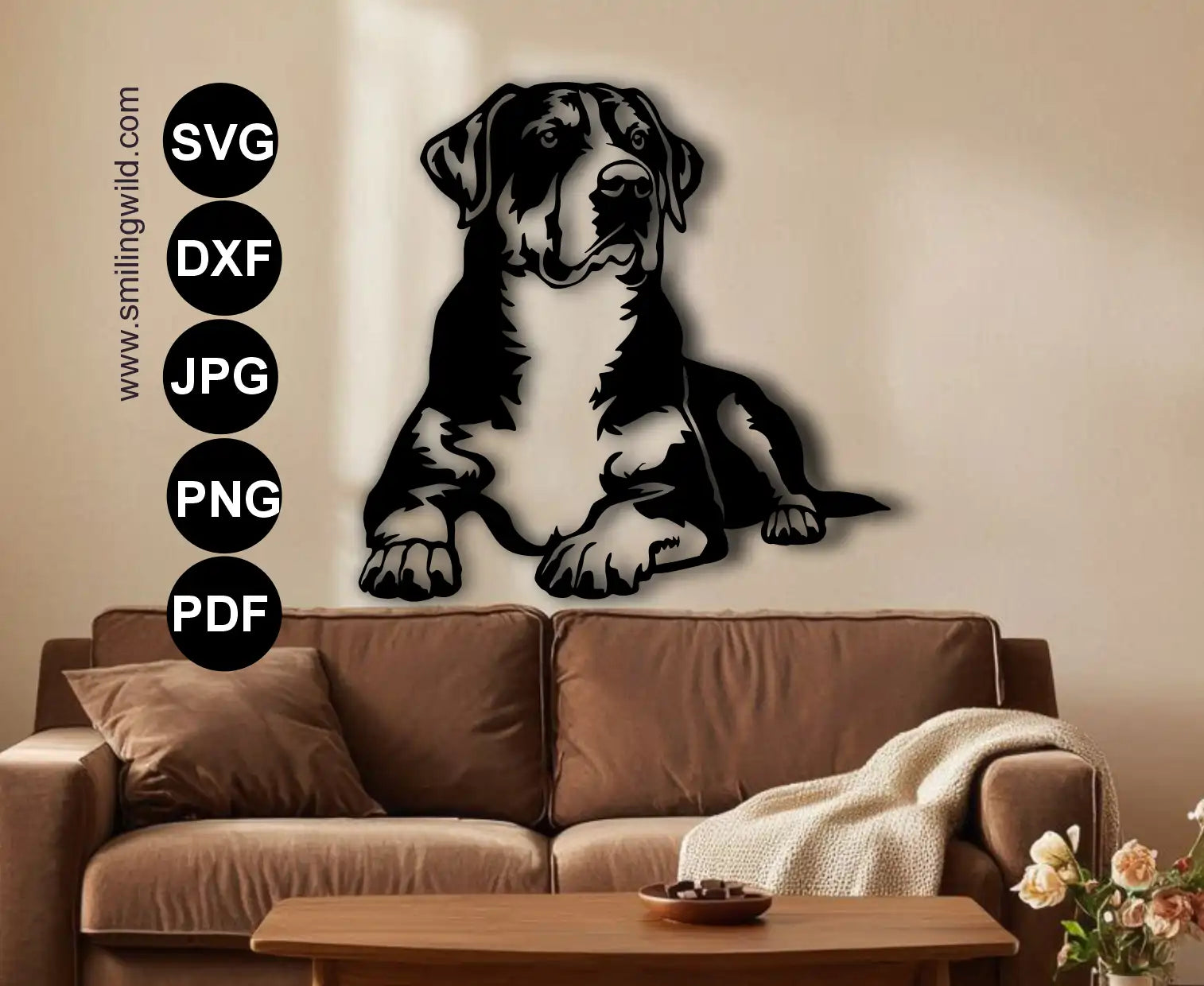Realistic Greater Swiss Mountain Dog dxf vector art for laser and CNC plasma cutting