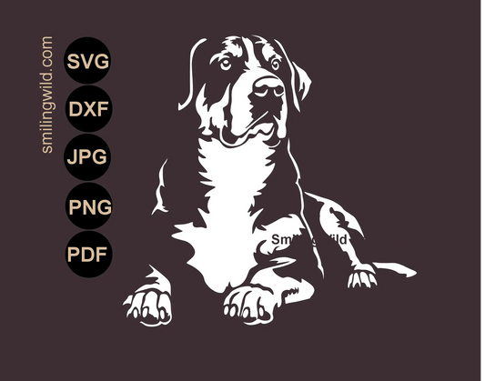Hand-drawn svg, png and dxf vector graphic of a lying full body Greater Swiss Mountain Dog in white color variant for Cricut