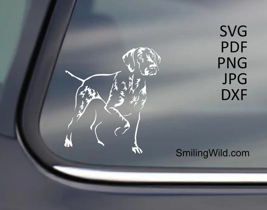 GSP dog SVG and PNG vector artwork shown in white version for dark backgrounds presenting a full body hunting dog