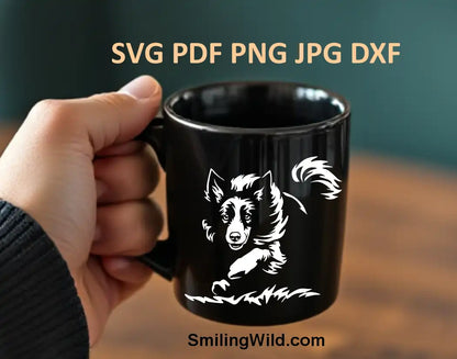 Black and white SVG clipart of a herding Border Collie for cutting machines