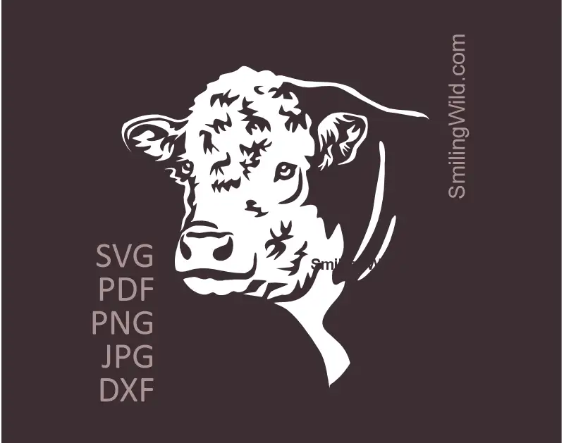Vector illustration of a white Hereford bull face clipart in svg, png and dxf file formats that are created for easy work on Cricut, Roland, laser machines and more.