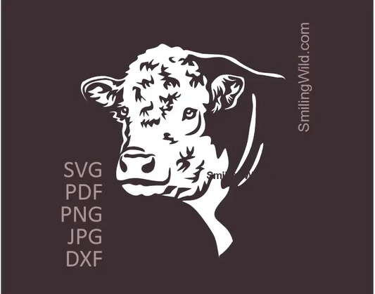 Vector illustration of a white Hereford bull face clipart in svg, png and dxf file formats that are created for easy work on Cricut, Roland, laser machines and more.