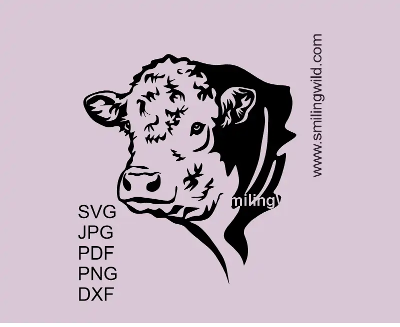 Hereford cattle  vector artshowing a bull head svg png and dxf files that are made for cutting on ciruct, laser and other crafting devices