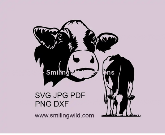 Black vector Holstein cow SVG, PNG & DXF full body and a head clipart for Cricut, laser cutting, and crafting projects