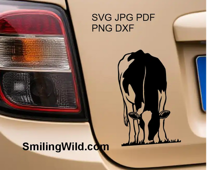 Detailed black vector graphic of Holstein cow portrait, digital clipart for cutting, engraving, and creative projects. Image is featured as a car sticker